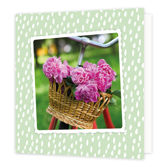 Bloemen - Formaat: Normaal - Vorm: Vierkant - Blanco kaart - Op deze wenskaart staat een fiets met roze bloemen in het mandje. - Snelwenskaart