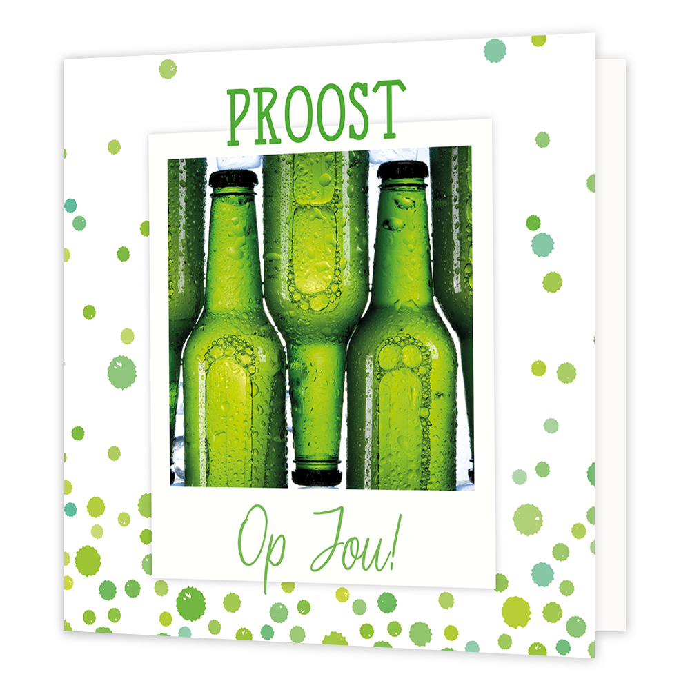 Proost op jou! - Formaat: Normaal - Vorm: Vierkant - Proost kaart - Op deze wenskaart staan bierflesjes met de tekst: "Proost op jou!". - Snelwenskaart