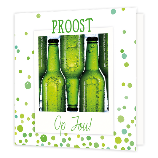 Proost op jou! - Formaat: Normaal - Vorm: Vierkant - Proost kaart - Op deze wenskaart staan bierflesjes met de tekst: "Proost op jou!". - Snelwenskaart