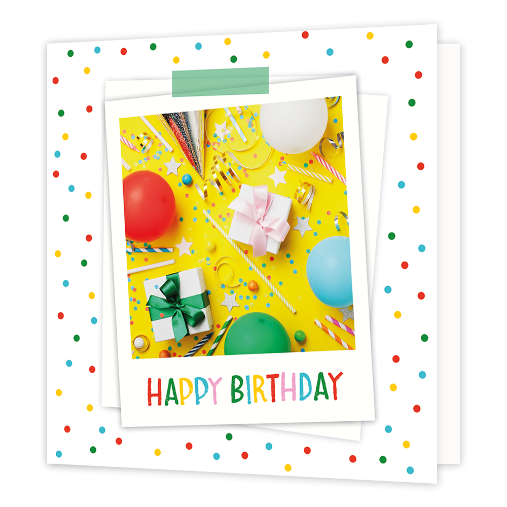 Happy birthday - Formaat: Normaal - Vorm: Vierkant - Verjaardagskaart - Op deze wenskaart staat confetti met ballonnen, cadeaus en slingers met de tekst: "Happy birthday". - Snelwenskaart