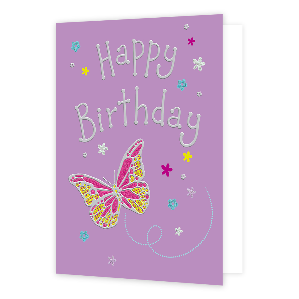 XL kaart - Happy Birthday - Formaat: Groot - Vorm: Staand - Verjaardagskaart - Op deze wenskaart staat een grote vlinder omringt door bloemen met in het midden de tekst: "Happy birthday". - Snelwenskaart