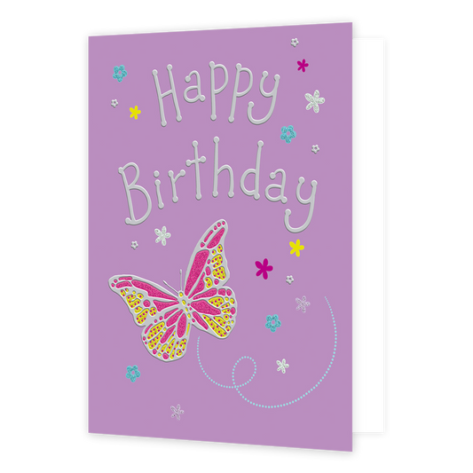 XL kaart - Happy Birthday - Formaat: Groot - Vorm: Staand - Verjaardagskaart - Op deze wenskaart staat een grote vlinder omringt door bloemen met in het midden de tekst: "Happy birthday". - Snelwenskaart