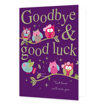XL kaart - Goodbye & goodluck - Formaat: Groot - Vorm: Staand - Afscheidskaart - Op deze wenskaart staan uiltjes die op een takje zitten met de tekst: "Goodbye & good luck". - Snelwenskaart