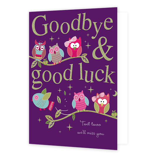 XL kaart - Goodbye & goodluck - Formaat: Groot - Vorm: Staand - Afscheidskaart - Op deze wenskaart staan uiltjes die op een takje zitten met de tekst: "Goodbye & good luck". - Snelwenskaart