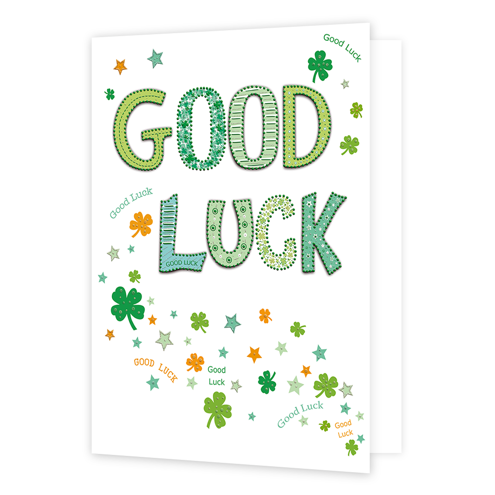 XL kaart - Good luck! - Formaat: Groot - Vorm: Staand - Succes kaart - Op deze wenskaart staat de tekst: "Good luck" omringt door klavertjes. - Snelwenskaart