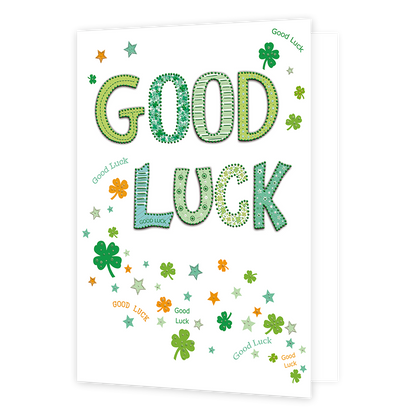 XL kaart - Good luck! - Formaat: Groot - Vorm: Staand - Succes kaart - Op deze wenskaart staat de tekst: "Good luck" omringt door klavertjes. - Snelwenskaart