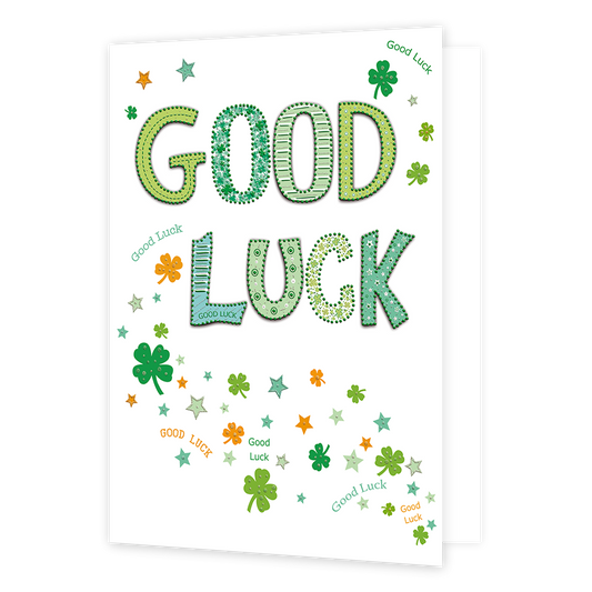 XL kaart - Good luck! - Formaat: Groot - Vorm: Staand - Succes kaart - Op deze wenskaart staat de tekst: "Good luck" omringt door klavertjes. - Snelwenskaart