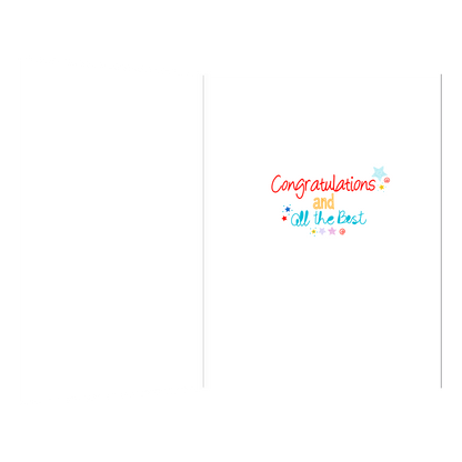 De binnenzijde van de wenskaart is bedrukt met de tekst "Congratulations and all the best".