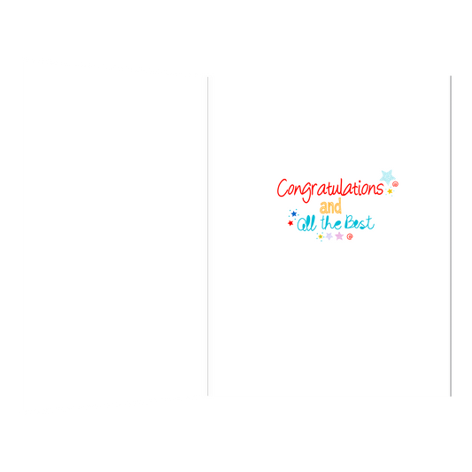 De binnenzijde van de wenskaart is bedrukt met de tekst "Congratulations and all the best".
