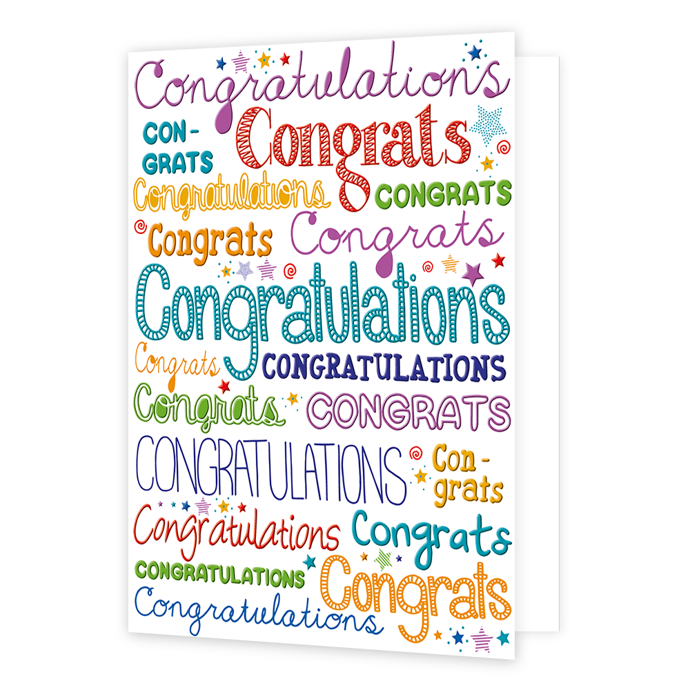 Op deze wenskaart staat meerder keren in verschillende kleuren en lettertypen de woorden 'congrats' en 'congratulations'. Tussen de woorden in staat hier en daar een gekleurde ster.