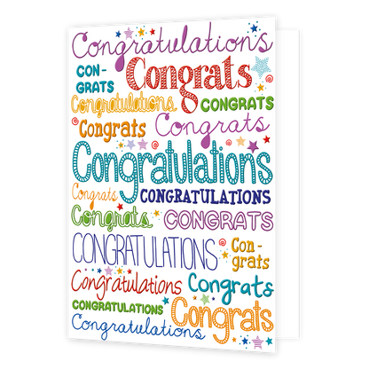 Op deze wenskaart staat meerder keren in verschillende kleuren en lettertypen de woorden 'congrats' en 'congratulations'. Tussen de woorden in staat hier en daar een gekleurde ster.