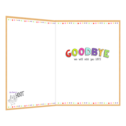 De binnenzijde van de wenskaart is bedrukt met een ontwerp passend bij de voorzijde van de kaart en de tekst "Goodbye we will miss you LOTS".