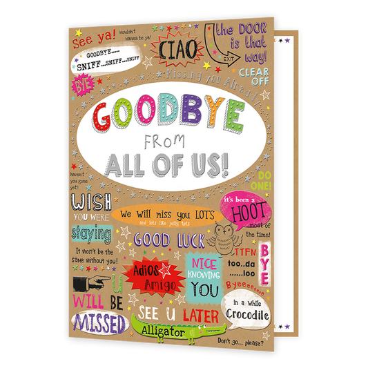 Op deze wenskaart staan de woorden 'Goodbye from all of us!'. Om deze tekst heen staan verschillende afscheid uitingen.