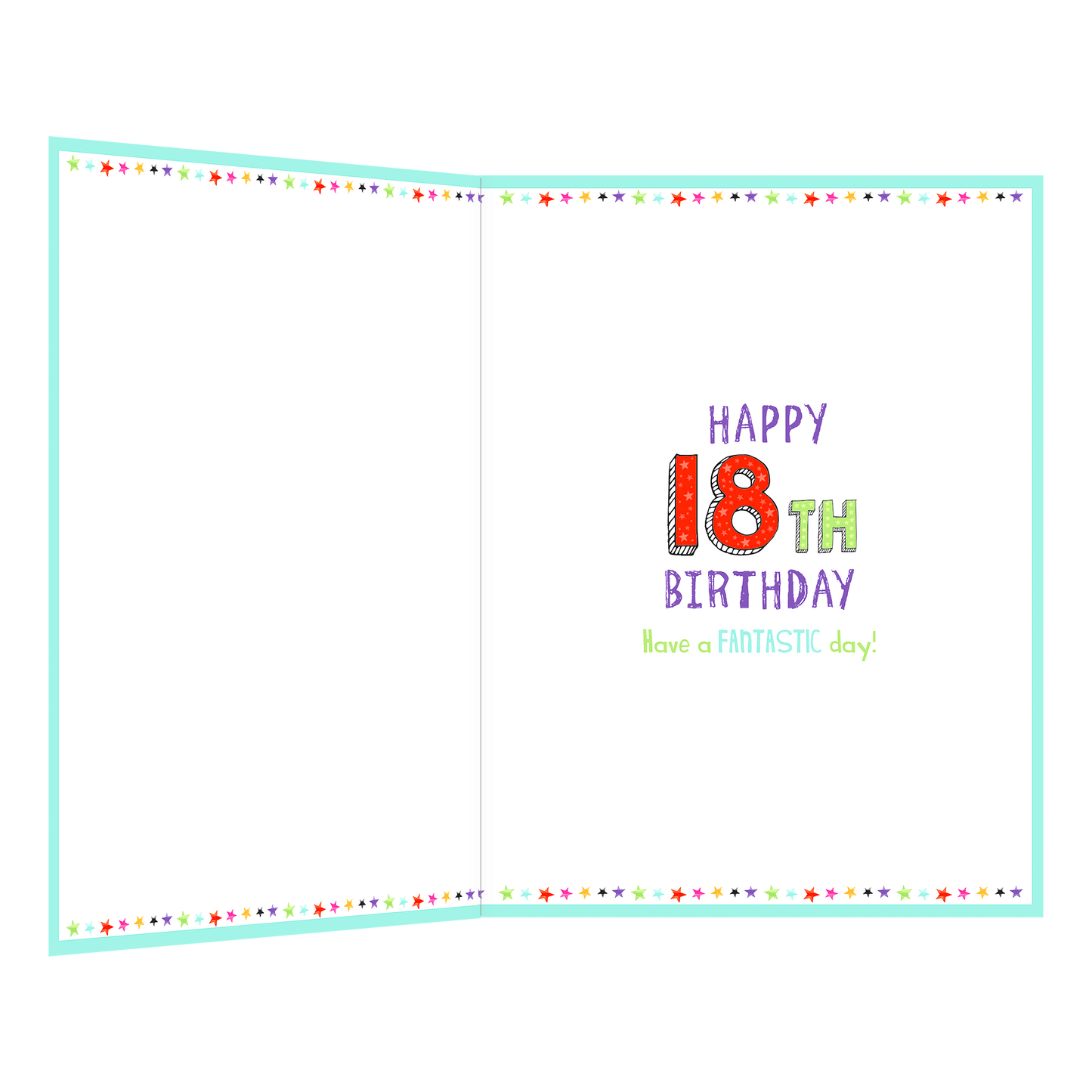 De binnenzijde van de wenskaart is bedrukt met een ontwerp passend bij de voorzijde van de kaart en de tekst "Happy 18th birthday have a fantastic day!".