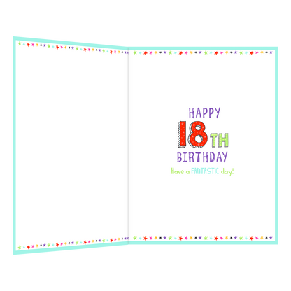 De binnenzijde van de wenskaart is bedrukt met een ontwerp passend bij de voorzijde van de kaart en de tekst "Happy 18th birthday have a fantastic day!".