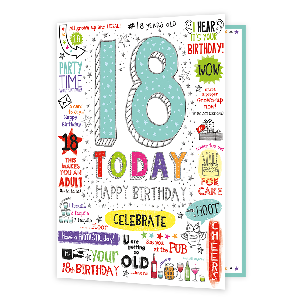Op deze wenskaart staat in het groot '18 today happy birthday'. Om de tekst heen staan verschillende verjaardag wensen en opmerkingen.