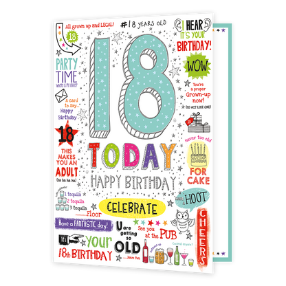Op deze wenskaart staat in het groot '18 today happy birthday'. Om de tekst heen staan verschillende verjaardag wensen en opmerkingen.