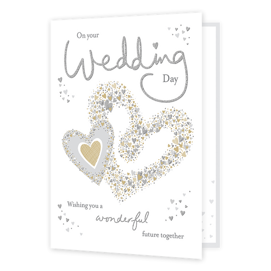 XL kaart - On your wedding day - Formaat: Groot - Vorm: Staand - Huwelijkskaart - Op deze wenskaart staan twee hartjes in de kleuren goud, zilver, wit en grijs. In de illustratie staat de tekst: "On your wedding day" en "Wishing you a wonderful future together". - Snelwenskaart