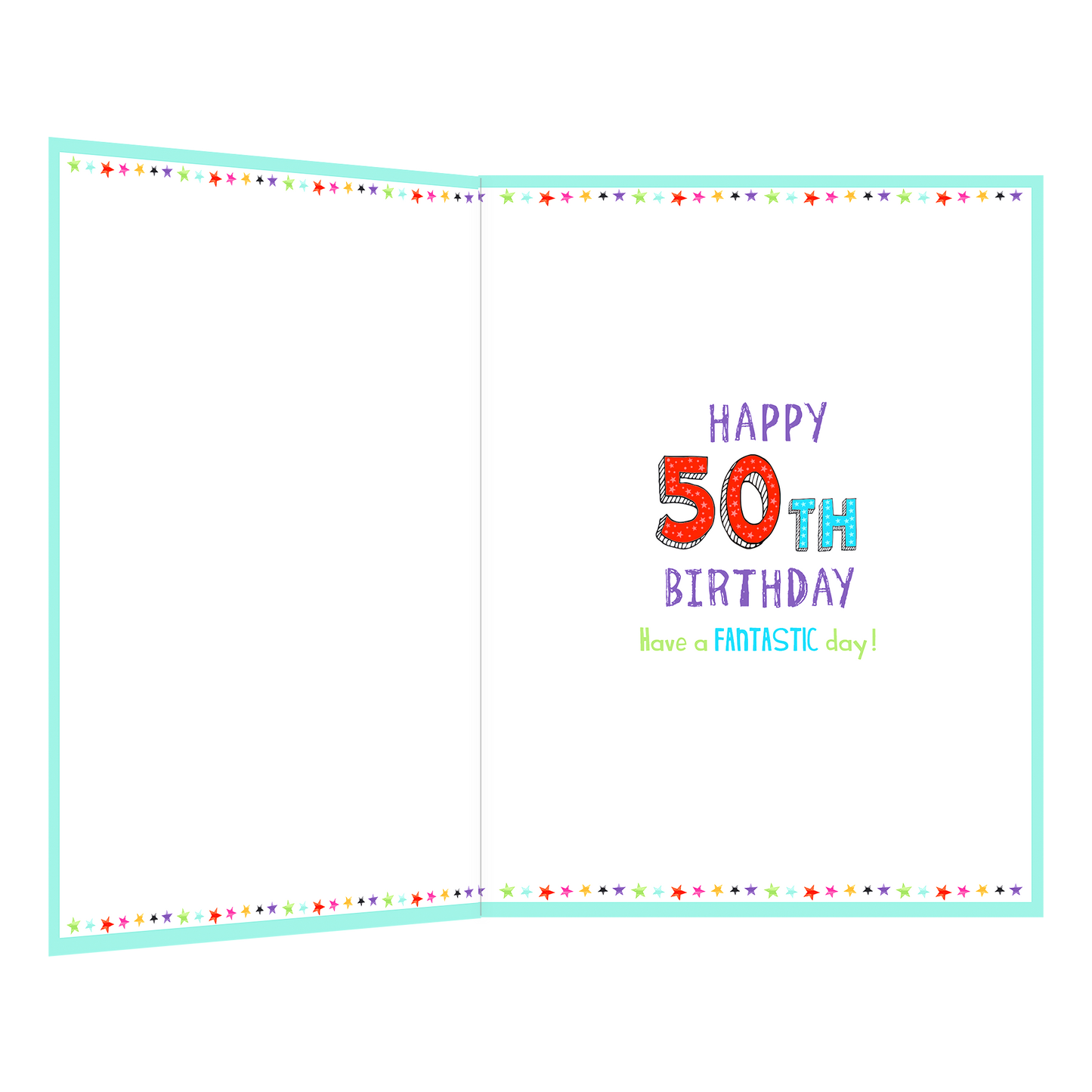 De binnenzijde van de wenskaart is bedrukt met een ontwerp passend bij de voorzijde van de kaart en de tekst "Happy 50th birthday have a fantastic day!".