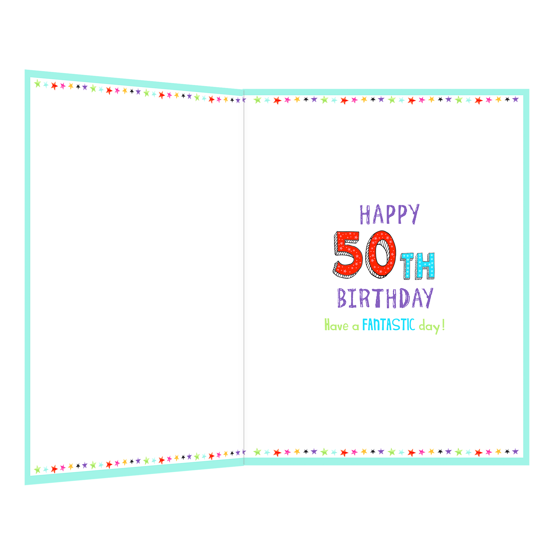 De binnenzijde van de wenskaart is bedrukt met een ontwerp passend bij de voorzijde van de kaart en de tekst "Happy 50th birthday have a fantastic day!".