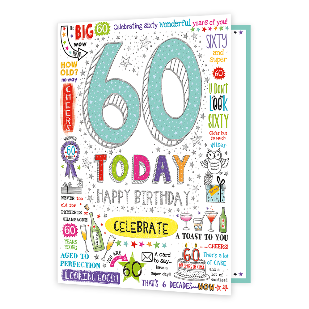 XL kaart - 60 today - Formaat: Groot - Vorm: Staand - Verjaardagskaart - Op deze wenskaart staan teksten als: "60 today", "Happy birthday" en "Celebrate". - Snelwenskaart