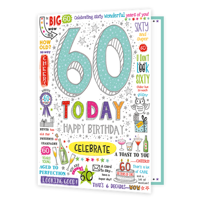 XL kaart - 60 today - Formaat: Groot - Vorm: Staand - Verjaardagskaart - Op deze wenskaart staan teksten als: "60 today", "Happy birthday" en "Celebrate". - Snelwenskaart