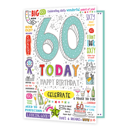 XL kaart - 60 today - Formaat: Groot - Vorm: Staand - Verjaardagskaart - Op deze wenskaart staan teksten als: "60 today", "Happy birthday" en "Celebrate". - Snelwenskaart