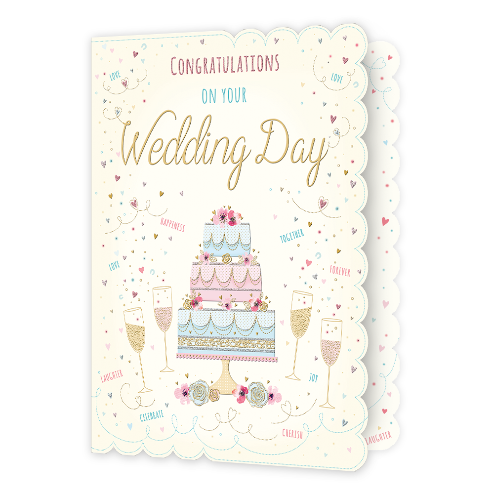 XL kaart - Congratulations on your wedding day - Formaat: Groot - Vorm: Staand - Huwelijkskaart - Op deze wenskaart staat een grote drielaagse taart omringt door hartjes en champagneglazen. Boven de taart staat de tekst: "Congratualtions on your wedding day". - Snelwenskaart