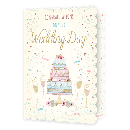 XL kaart - Congratulations on your wedding day - Formaat: Groot - Vorm: Staand - Huwelijkskaart - Op deze wenskaart staat een grote drielaagse taart omringt door hartjes en champagneglazen. Boven de taart staat de tekst: "Congratualtions on your wedding day". - Snelwenskaart