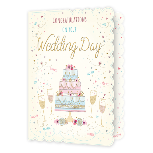 XL kaart - Congratulations on your wedding day - Formaat: Groot - Vorm: Staand - Huwelijkskaart - Op deze wenskaart staat een grote drielaagse taart omringt door hartjes en champagneglazen. Boven de taart staat de tekst: "Congratualtions on your wedding day". - Snelwenskaart