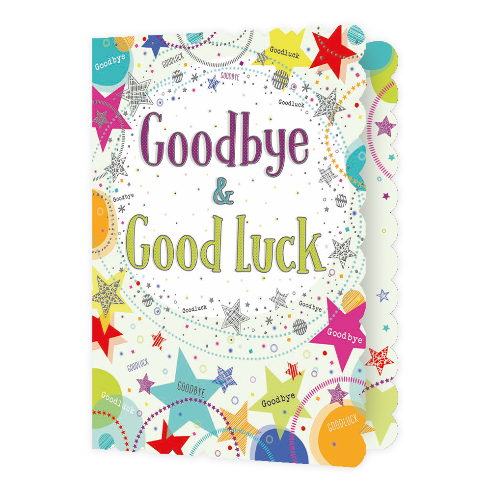 XL kaart - Goodbye & good luck - Formaat: Groot - Vorm: Staand - Afscheidskaart - Op deze wenskaart staan sterren in de kleuren rood, geel, oranje, groen en paars, met in het midden de tekst: "Goodbye & good luck". - Snelwenskaart