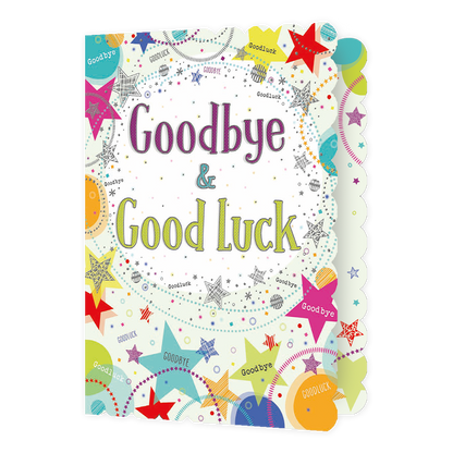 XL kaart - Goodbye & good luck - Formaat: Groot - Vorm: Staand - Afscheidskaart - Op deze wenskaart staan sterren in de kleuren rood, geel, oranje, groen en paars, met in het midden de tekst: "Goodbye & good luck". - Snelwenskaart