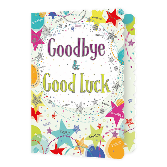 XL kaart - Goodbye & good luck - Formaat: Groot - Vorm: Staand - Afscheidskaart - Op deze wenskaart staan sterren in de kleuren rood, geel, oranje, groen en paars, met in het midden de tekst: "Goodbye & good luck". - Snelwenskaart