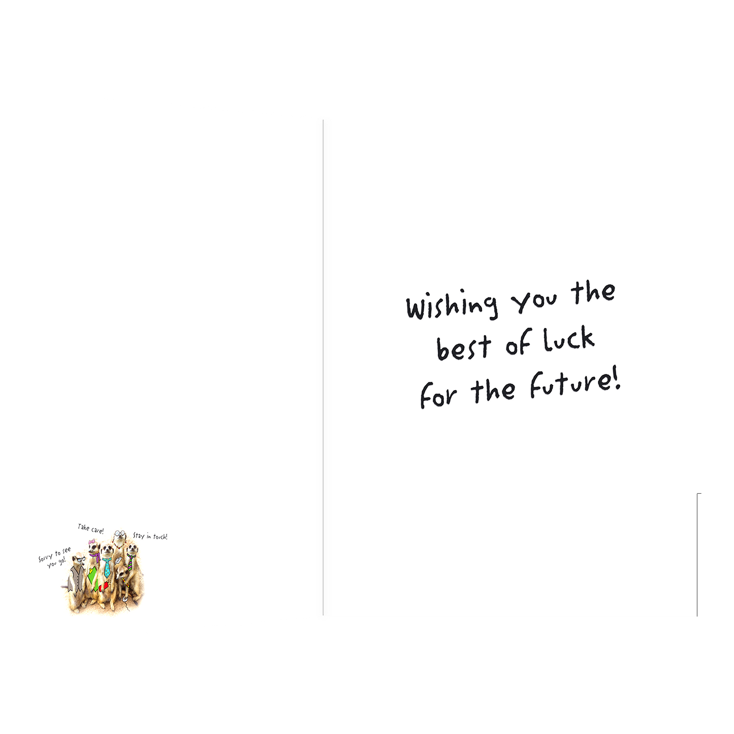 De binnenzijde van de wenskaart is bedrukt met een ontwerp passend bij de voorzijde van de kaart en de tekst "Wishing you the best of luck for the future!".