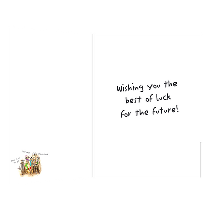 De binnenzijde van de wenskaart is bedrukt met een ontwerp passend bij de voorzijde van de kaart en de tekst "Wishing you the best of luck for the future!".