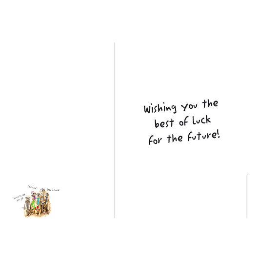 De binnenzijde van de wenskaart is bedrukt met een ontwerp passend bij de voorzijde van de kaart en de tekst "Wishing you the best of luck for the future!".