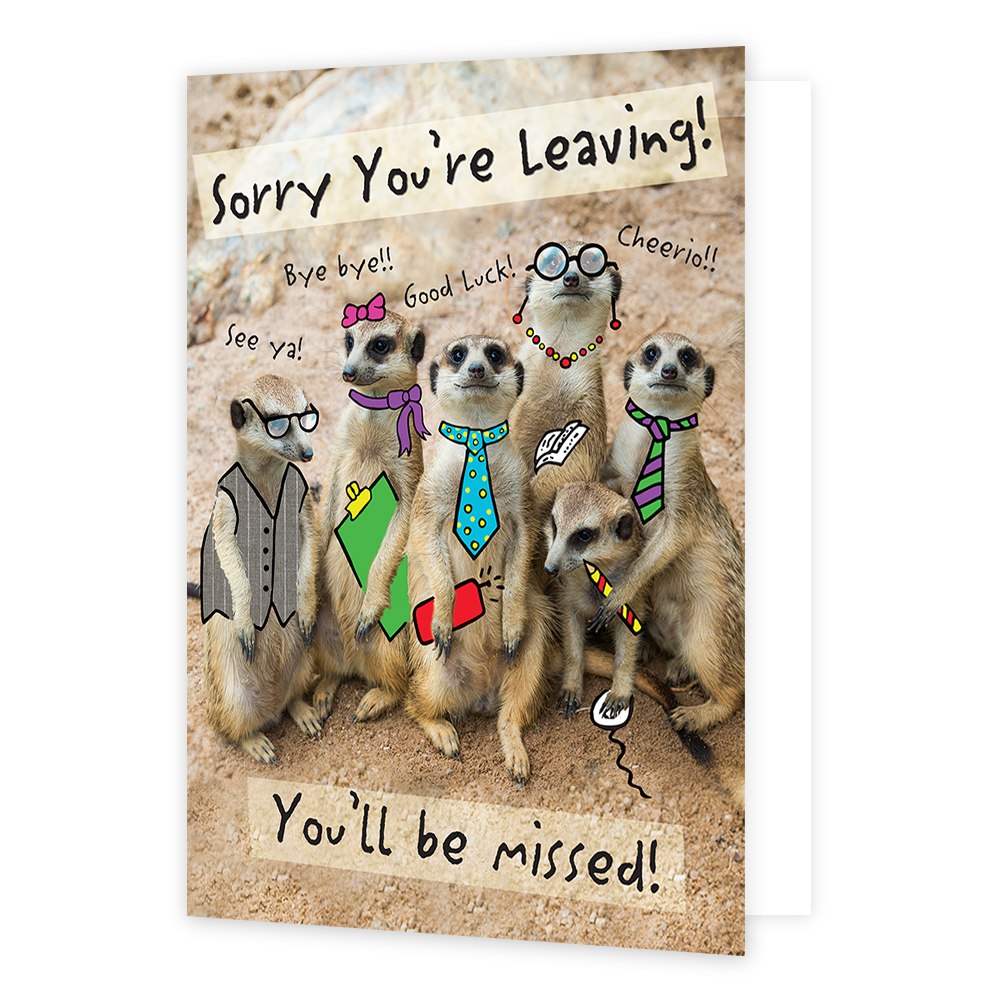 Op deze wenskaart staan zes stokstaartjes versierd met accessoires. Om de stokstaartjes heen staat in het zwart de tekst 'Sorry you're leaving you'll be missed!'.
