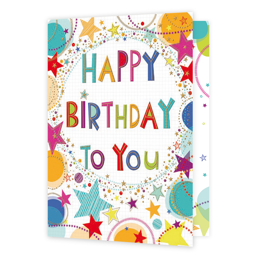 XL kaart - Happy Birthday to you - Formaat: Groot - Vorm: Staand - Verjaardagskaart - Op deze wenskaart staan sterren en stippen in de kleuren rood, geel, blauw, roze en oranje, met in het midden de tekst: "Happy birthday to you". - Snelwenskaart