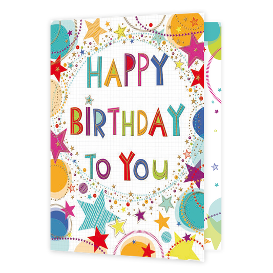 XL kaart - Happy Birthday to you - Formaat: Groot - Vorm: Staand - Verjaardagskaart - Op deze wenskaart staan sterren en stippen in de kleuren rood, geel, blauw, roze en oranje, met in het midden de tekst: "Happy birthday to you". - Snelwenskaart