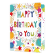 XL kaart - Happy Birthday to you - Formaat: Groot - Vorm: Staand - Verjaardagskaart - Op deze wenskaart staan sterren en stippen in de kleuren rood, geel, blauw, roze en oranje, met in het midden de tekst: "Happy birthday to you". - Snelwenskaart