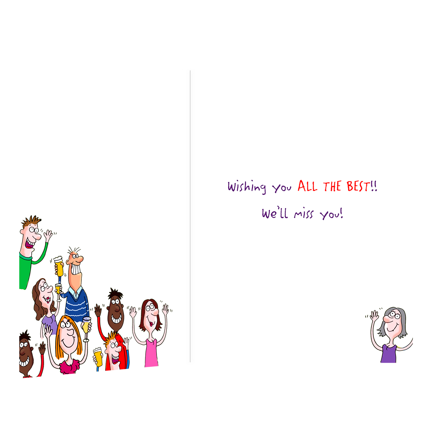 De binnenzijde van de wenskaart is bedrukt met een ontwerp passend bij de voorzijde van de kaart en de tekst "Wishing you all the best we'll miss you!".