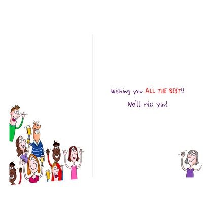 De binnenzijde van de wenskaart is bedrukt met een ontwerp passend bij de voorzijde van de kaart en de tekst "Wishing you all the best we'll miss you!".