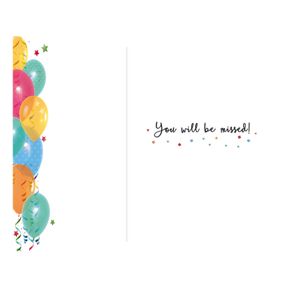 De binnenzijde van de wenskaart is bedrukt met een ontwerp passend bij de voorzijde van de kaart en de tekst "You will be missed!".