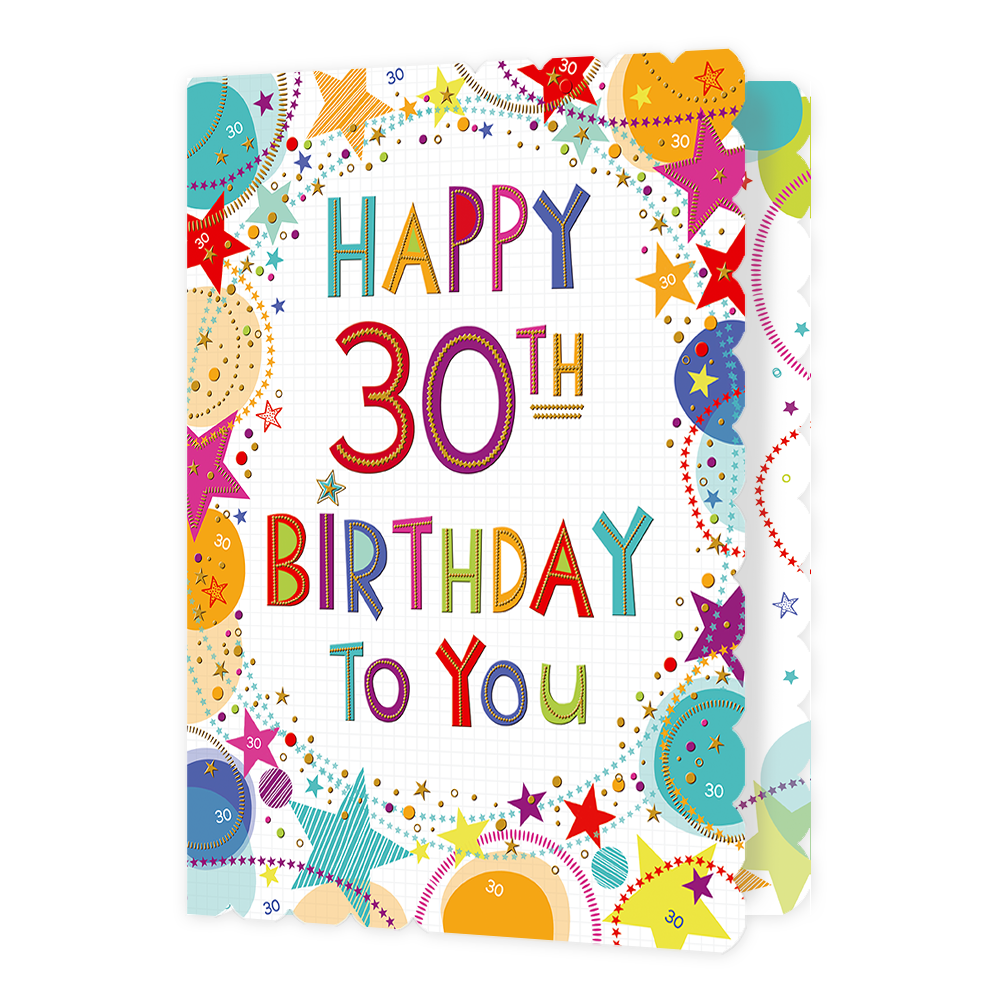 XL kaart - Happy 30th Birthday - Formaat: Groot - Vorm: Staand - Verjaardagskaart - Op deze wenskaart staan sterren en stippen in de kleuren rood, geel, oranje, roze, blauw en beige, met in het midden de tekst: "Happy 30th birthday to you". - Snelwenskaart