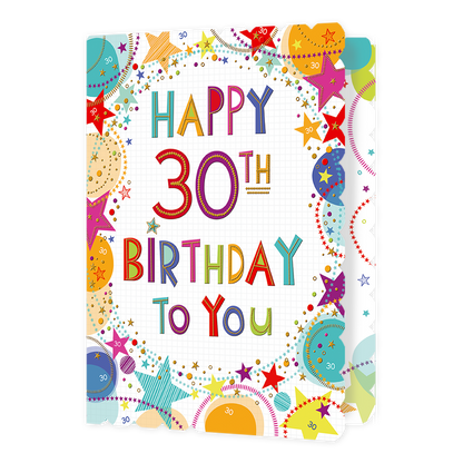 XL kaart - Happy 30th Birthday - Formaat: Groot - Vorm: Staand - Verjaardagskaart - Op deze wenskaart staan sterren en stippen in de kleuren rood, geel, oranje, roze, blauw en beige, met in het midden de tekst: "Happy 30th birthday to you". - Snelwenskaart