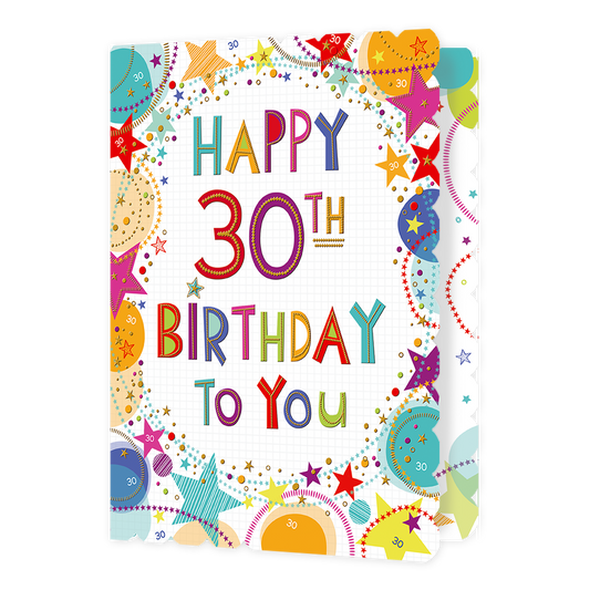 XL kaart - Happy 30th Birthday - Formaat: Groot - Vorm: Staand - Verjaardagskaart - Op deze wenskaart staan sterren en stippen in de kleuren rood, geel, oranje, roze, blauw en beige, met in het midden de tekst: "Happy 30th birthday to you". - Snelwenskaart