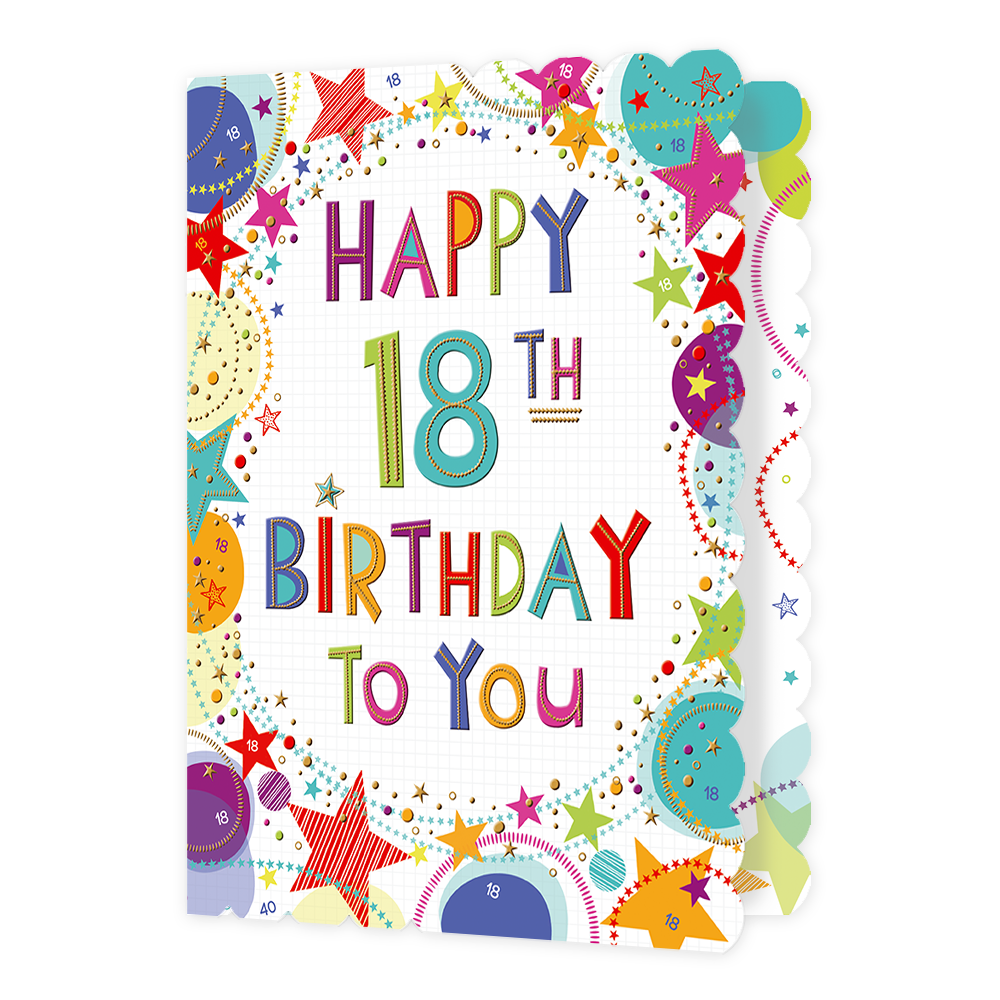 XL kaart - Happy 18th Birthday - Formaat: Groot - Vorm: Staand - Verjaardagskaart - Op deze wenskaart staan sterren en stippen in de kleuren rood, geel, oranje, roze, blauw en beige, met in het midden de tekst: "Happy 18th birthday to you". - Snelwenskaart