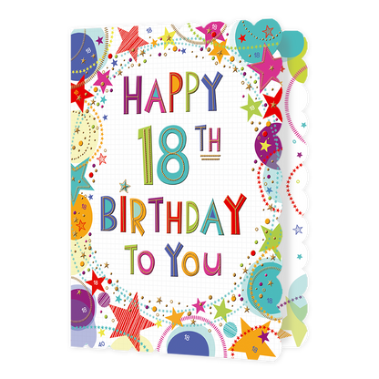 XL kaart - Happy 18th Birthday - Formaat: Groot - Vorm: Staand - Verjaardagskaart - Op deze wenskaart staan sterren en stippen in de kleuren rood, geel, oranje, roze, blauw en beige, met in het midden de tekst: "Happy 18th birthday to you". - Snelwenskaart