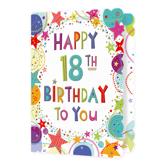 XL kaart - Happy 18th Birthday - Formaat: Groot - Vorm: Staand - Verjaardagskaart - Op deze wenskaart staan sterren en stippen in de kleuren rood, geel, oranje, roze, blauw en beige, met in het midden de tekst: "Happy 18th birthday to you". - Snelwenskaart