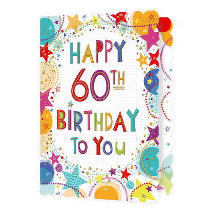 XL kaart - Happy 60th Birthday - Formaat: Groot - Vorm: Staand - Verjaardagskaart - Op deze wenskaart staan sterren en stippen in de kleuren rood, geel, oranje, roze, blauw en beige, met in het midden de tekst: "Happy 60th birthday to you". - Snelwenskaart